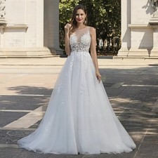 Boho A line Wedding Dress Sleeveless Lace Sheer Beach Bridal Gown Sweep Train
