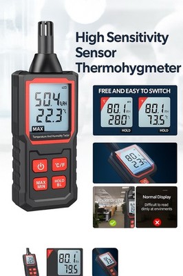 Handheld Digital Thermo-Hygrometer, °C/°F, MAX/MIN, Backlit   Real-Time Reading 