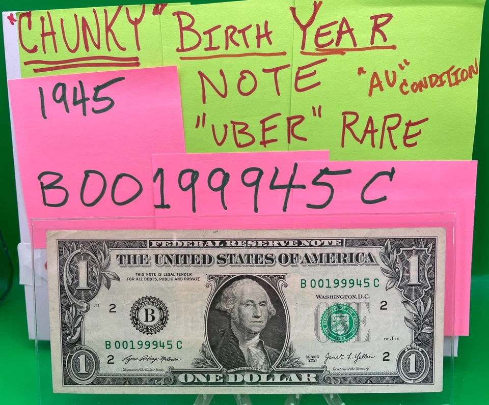 CHUNKY BIRTH 🎂YEAR NOTE 1945 Fancy Serial Number AU Cond. B00199945C $1 Bill - Image 2 of 4