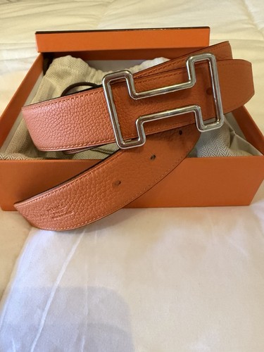 HERMÈS  Unisex  Silver H Belt Orange Black Reversible 85 AUTHENTIC