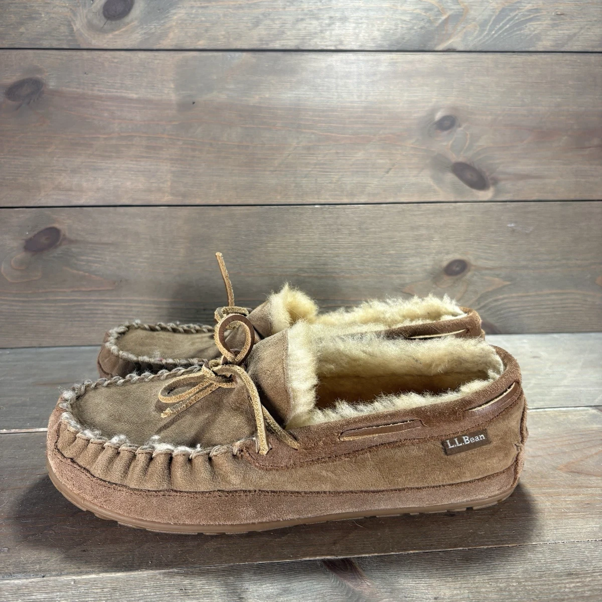 L.L. Bean Men\'s Brown Suede Moccasin Slippers with Shearling Trim L.L. Bean Suede Upper Slippers for Men for sale | eBay main image 2