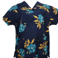 Dickies Scrub Top Shirt Womens Small Blue Floral 2 Pockets V Neck Healthcare