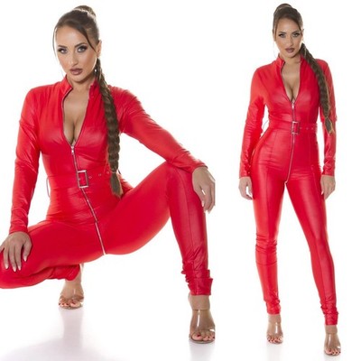 Koucla Faux Leather Catsuit Jumpsuit Zip Belted Wetlook Clubwear Sexy