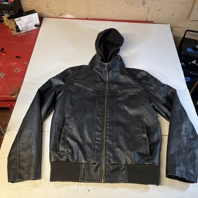 Sean John Men's Faux-Leather Hooded Black Jacket Size SMALL Zip off Hood
