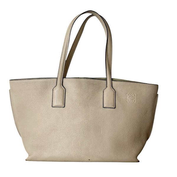 LOEWE T Shopper Bag, Ash Grey Tote Carryall Shoulder Strap Leather Beige Handbag