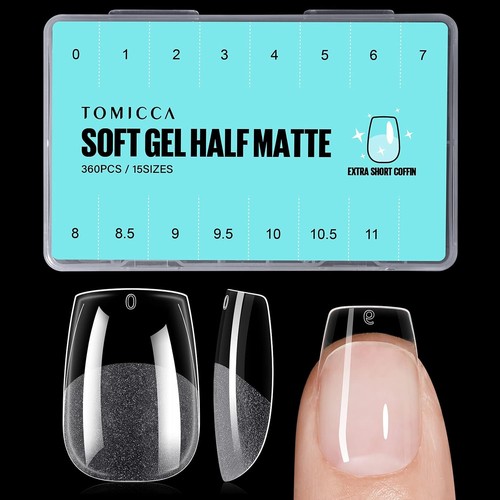 TOMICCA Extra Short Coffin Nail Tips 360Pcs Full Cover Gel Nails, Soft Clear