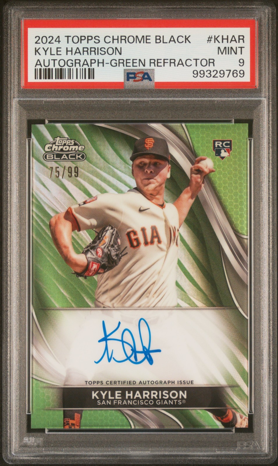 Kyle Harrison 2024 Topps Chrome Black Green Auto /99 PSA 9 RC