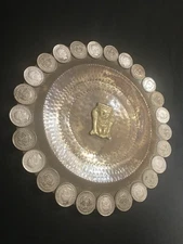 Folk Art Indigenous Brass Colombia Plate with Coins Dates Range From 1956-1971