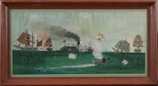 Antique 19thC Folk Art Oil Painting CW Ship Battle, CSS Virginia & USS Monitor 