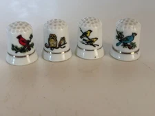 Set of 4 Vintage China Bird Thimbles- Cardinal, Owl, Canary, Blue Jay