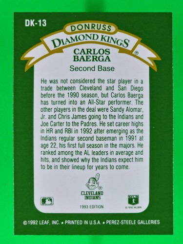 1993 Donruss Diamond Kings - Carlos Baerga #DK-13 - Picture 2 of 2