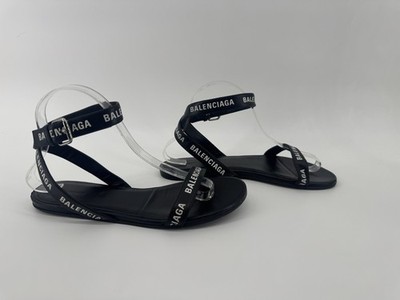 Authentic Balenciaga Logo Print Ankle Strap Sandal Black White Size 38.5