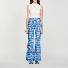 Sandro Paris Blue Floral Damask Print Wide Leg High Waist Trousers Size 38 US 6