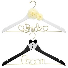 2 Pcs Bride Hanger and Groom Wooden Wedding Dress Hanger with Bow Tie and Bei...