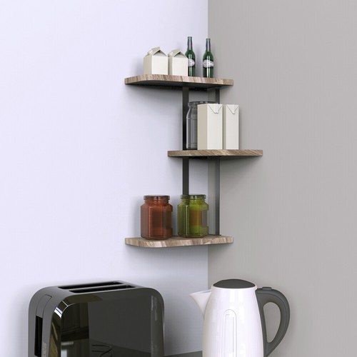 Iron Frame Corner Wall Mounting Shelf 3 Tier Wooden Floating Shelves Plants Rack - Picture 4 of 12