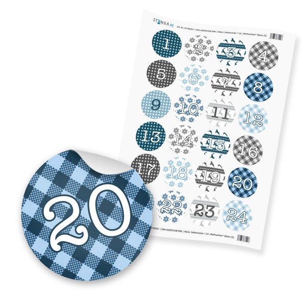 Adventskalenderzahlen Sticker 1 Bis 24 Weihancht Blau Hellblau Grau Silber Weiß-image