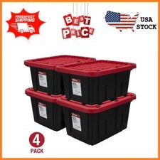 Hyper Tough 12 Gallon Snap Lid Storage Bin, Black/Red Lid, Set of 4