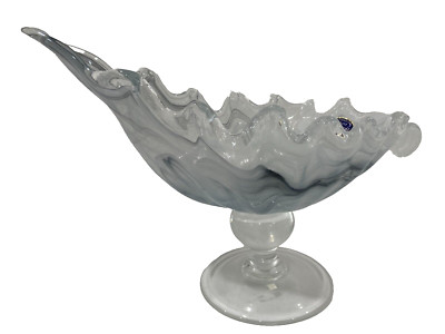 MURANO ITALY Art Glass Free Form Footed Pedestal Bowl Centerpiece Gray/Clear NWT