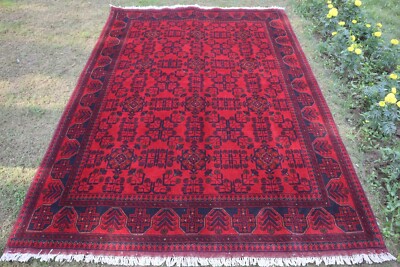 6x8 ft, Afghan Bokhara Rug, Red Black Tribal Wool Rug, Bedroom Rug, Kitchen Rug