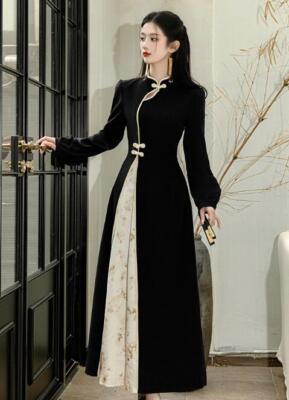 Women's Chinese Style Slim Fit Dress Long Sleeve Party Floral