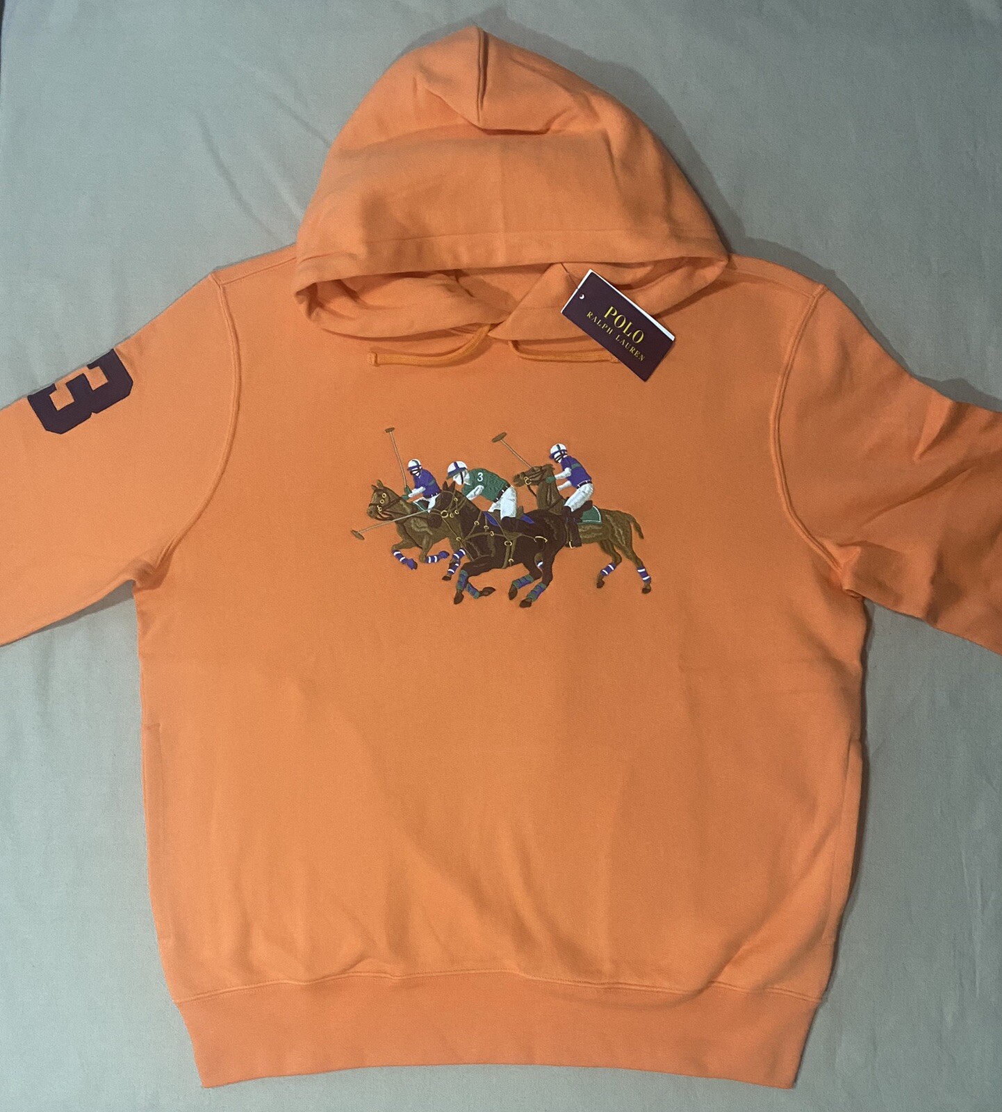 Polo Ralph Lauren Uomo Triple Pony Felpa con Cappuccio in Pile Ricamato Arancione Taglia M