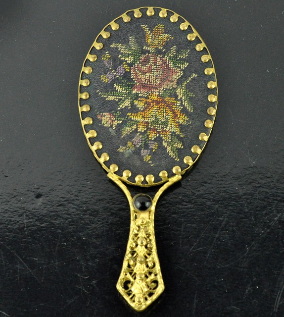 Vintage Hand Held Purse Vanity Mirror Ornate Solid Brass Enamel Floral