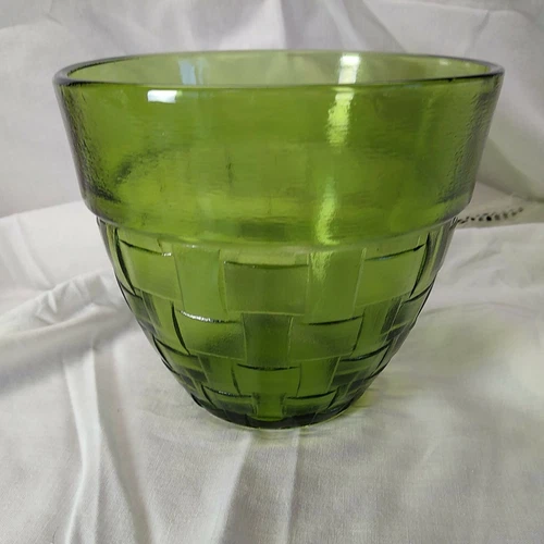 Vintage Anchor Hocking Green Glass Basket Weave Fruit Bowl Flower Pot Ice Bucket