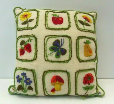 Vintage Hand Stitched Pillow Signed 1983 Flowers Fruit Butterfly Zipper Cottage