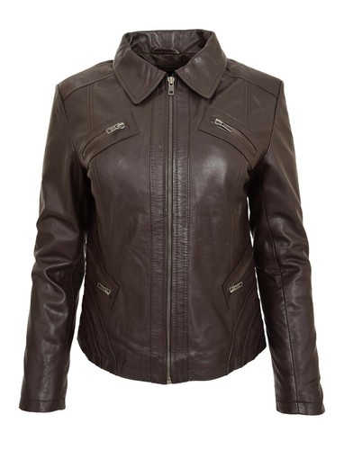 Womens Real Leather Biker Style Jacket Fitted Casual Zip Fasten Black Brown Tan - Picture 3 of 26