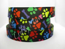 Colorful Puppy Paws  Dog Bones 7/8" Grosgrain Ribbon YOUR CHOICE 5 or 10 Yards