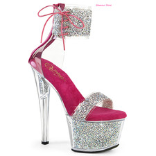 Sexy SANDALI Argento/Fucsia Cavigliera Tacco 18 35/40 STRASS plateau Zip GLAMOUR
