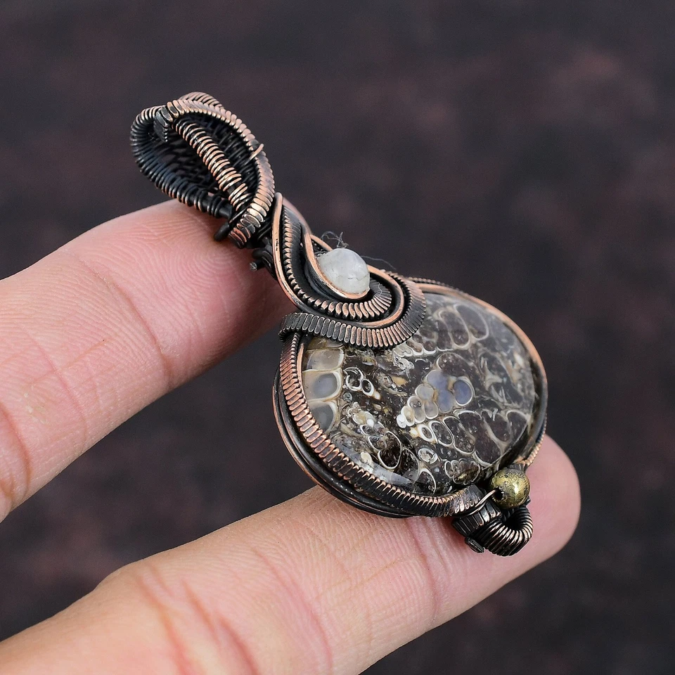 Regalo Para Ella Cobre Turritella Ágata Piedras Preciosas Joyería Alambre Envuelto Colgante 2.36" Foto 3 de 4