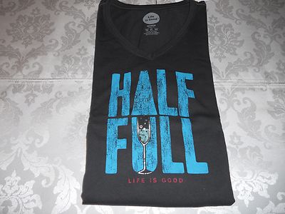 NWT Women's XL Life is Good ''Half Full'' Champagne Glass L/S Black Crusher Vee