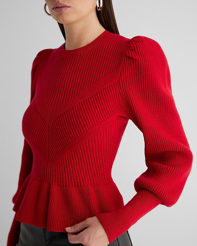 EXPRESS Ribbed Crew Neck Puff Sleeve Peplum Sweater - RED - Size L - Picture 3 of 5