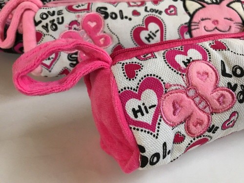 11" Backpack + Matching Pencil Tote Kitty Cat Hearts Butterfly White Pink New - Picture 9 of 12