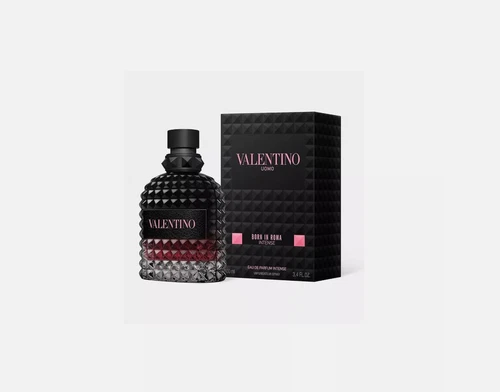 Black rectangular box of VALENTINO UOMO Born In Roma Intense EDP Spray 3.4 oz / 100 ml on a light gray background.