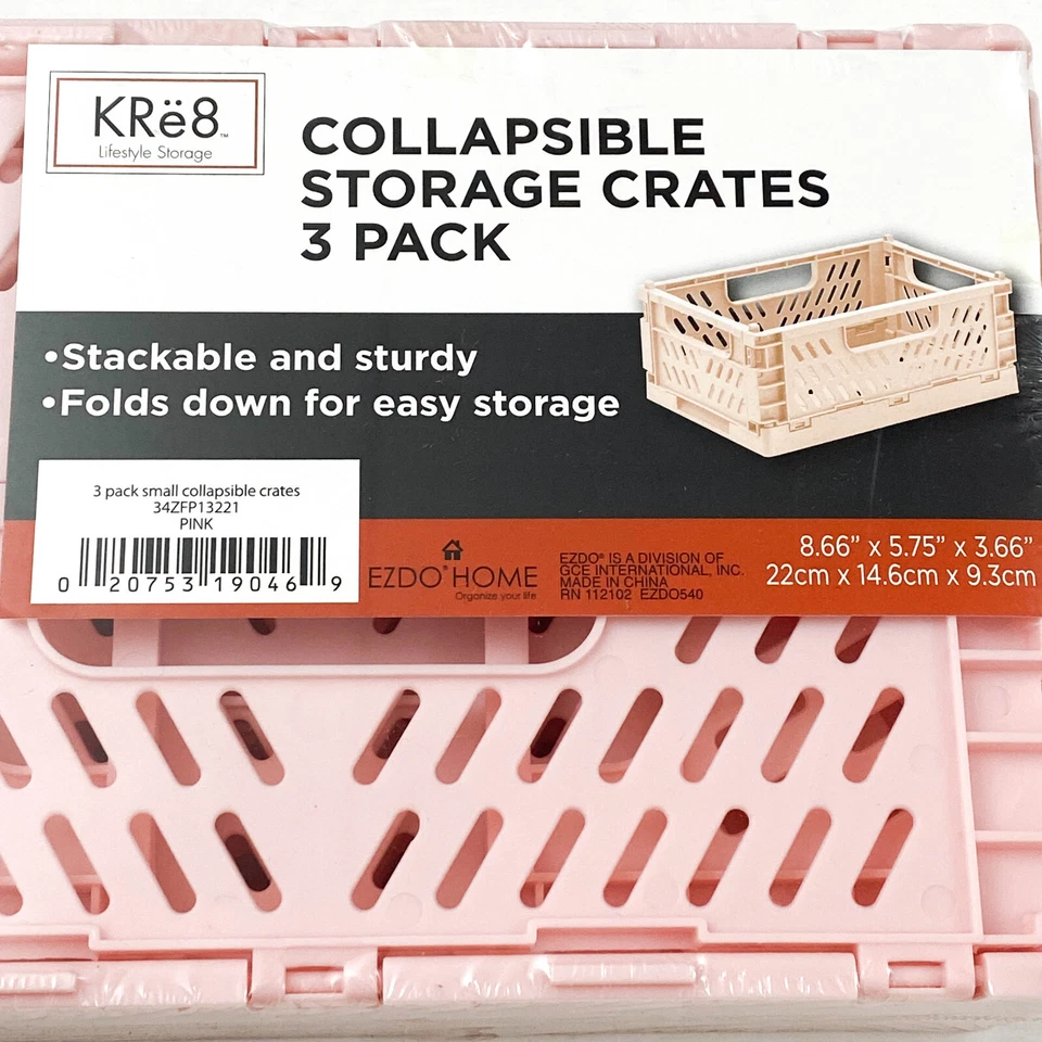 Foldable Stackable Desktop Organizer Storage Crate Boxes Collapsible 3 Pack Pink - Image 3 of 4