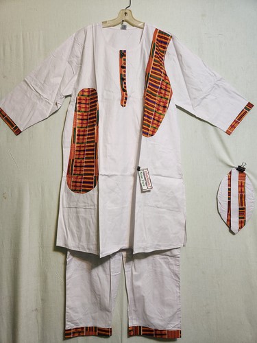 Men African Long Dashiki Pant Suit With Kente Print Patches White Free Size - Picture 5 of 12