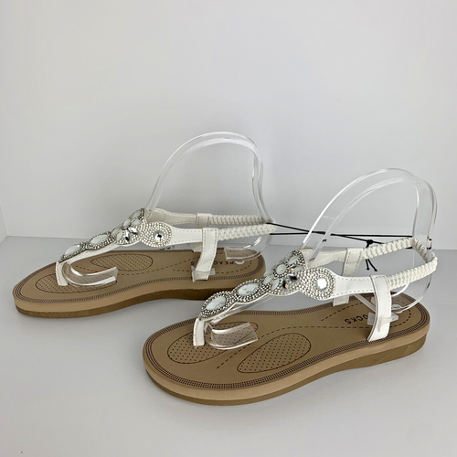 Sandals Women's White w/Jewel Flat T-Strap Slingback Flip Flops By Peacocks  Sz 8 | eBay