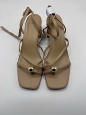 A New Day Women's Beige Strappy Block Heel Sandals Buckle Metal Ball 11