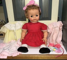 Vtg 1960s Ideal BIBSY Doll 22” w Orig Dress & Extras Works Squeaks Lips Move