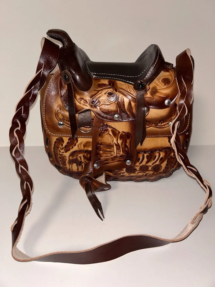 Saddle Bag Purse Tooled Leather - Photo 4/4