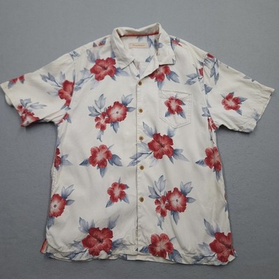 Tommy Bahama Shirt Mens L White Floral Silk Camp Loop Collar Hawaiian Button Up