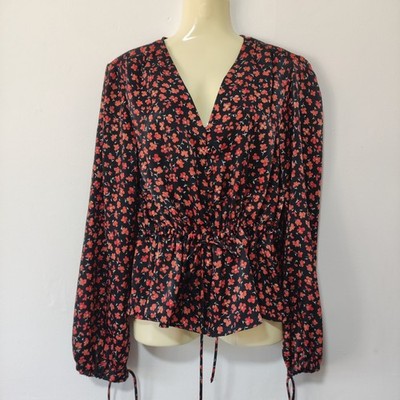 Mango geblümtes Satin Langarm Hemd schwarz orange Größe EUR M, verstellbarer Bund