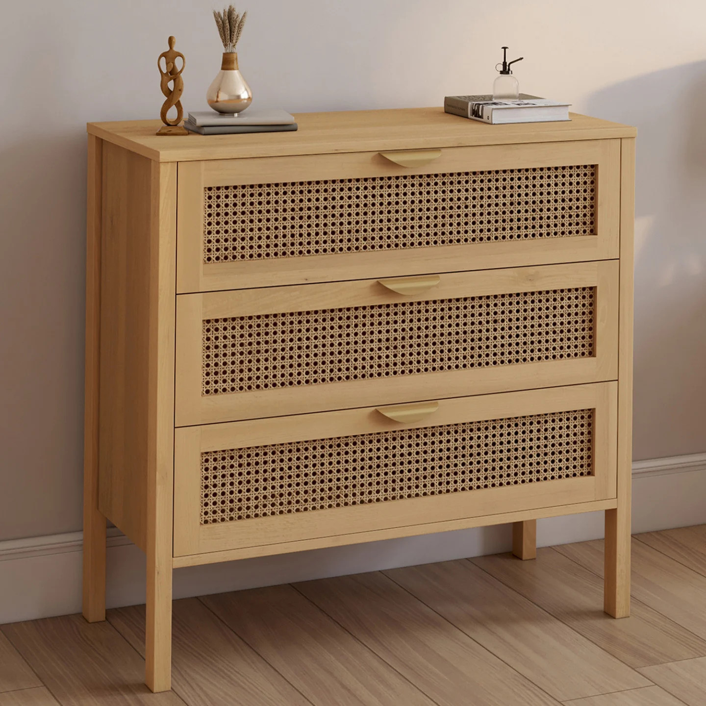 Commode EDHEN 80 cm avec 3 grands tiroirs de rangement en cannage