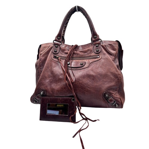 Balenciaga City Bag Womens Medium Brown Excellent Leather Satchel Tassels