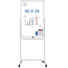 Magnetic Mobile White Board, 40 x 24 Double Sided Dry Erase Board Rolling Whi...