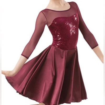 Weissman CL burgundy Sequin Ice Skating Dance Dress 3/4 sleeve magenta