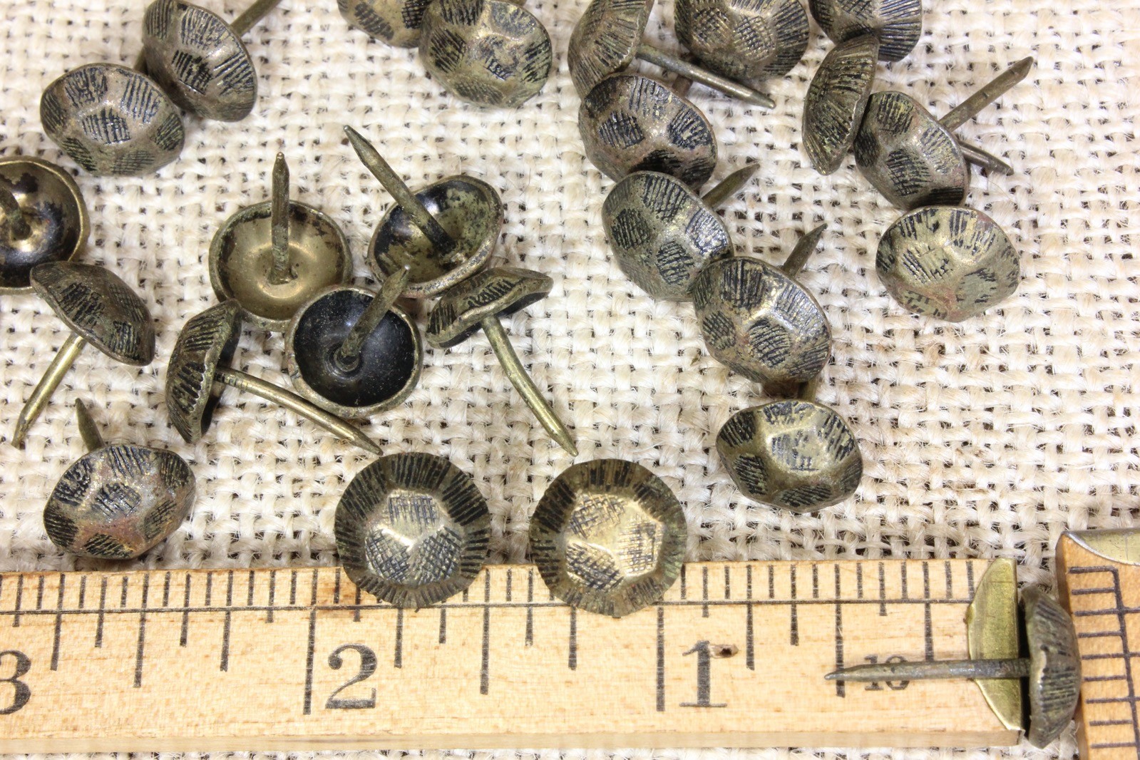 30 Used Old Hammered Upholstery Tacks Antique Rustic Brass Color Domed Vintage