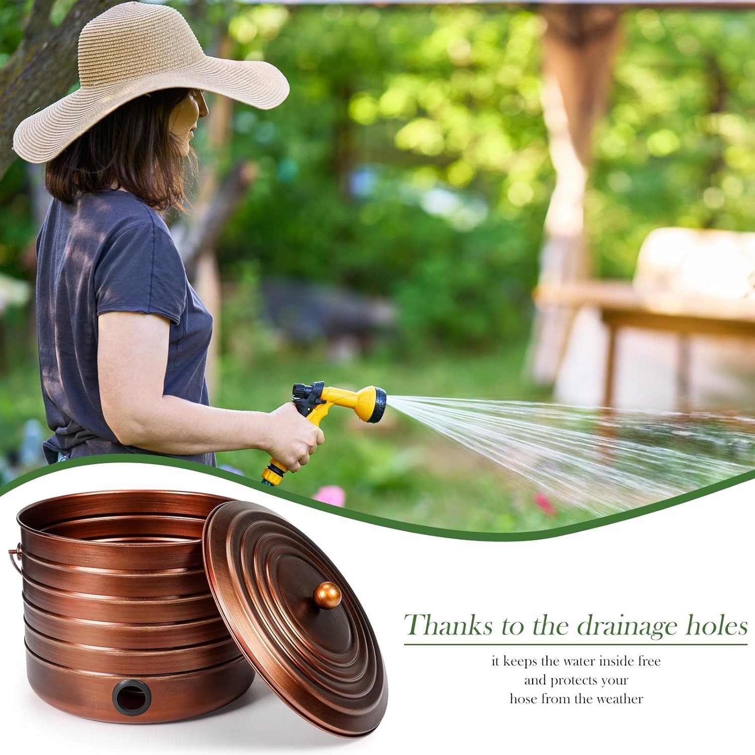 Garden Hose Pot with Lid and Handle,Matte Brass Ribbed Steel Garden Hose Holder